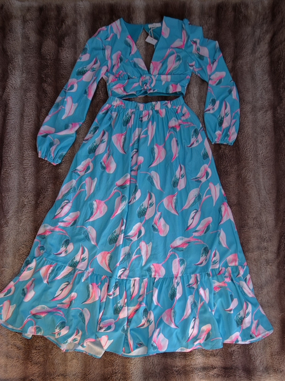 NWT Mulla Turquoise Pink Tropical Leaf Two-Piece Crop Top & Maxi Skirt Set M